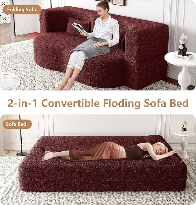 Aoowow Folding Sofa Bed 78” Convertible Sleeper Sofa with Pillows Modern Teddy Fabric Floor Loveseat Couch Comfy Foam Filled Couches Folding Mattress for Living RoomBurgundy