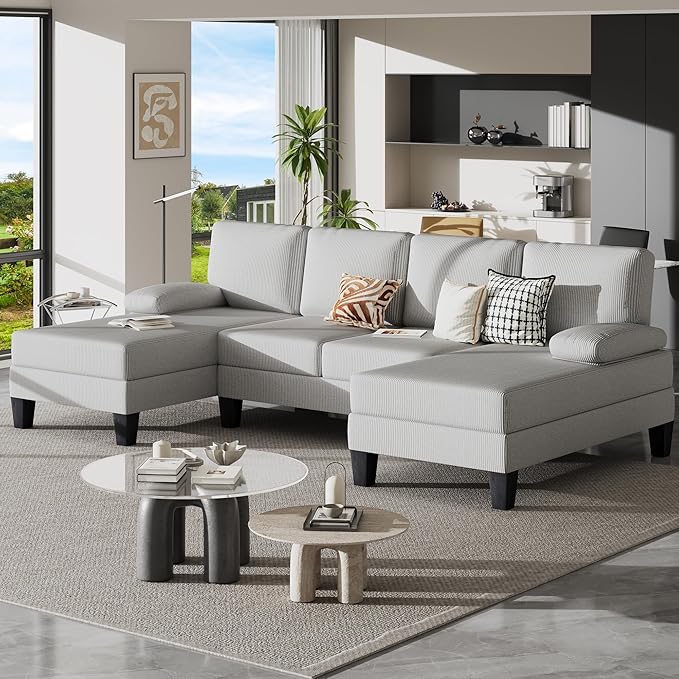 Bezseller 107.3 Sectional Couches for Living Room U Shaped Modular Sofa Couch with Cushion &amp Corduroy Fabric 4-Seat Comfy Furniture Sets with Double Chaise for Apartment Reception Room Grey