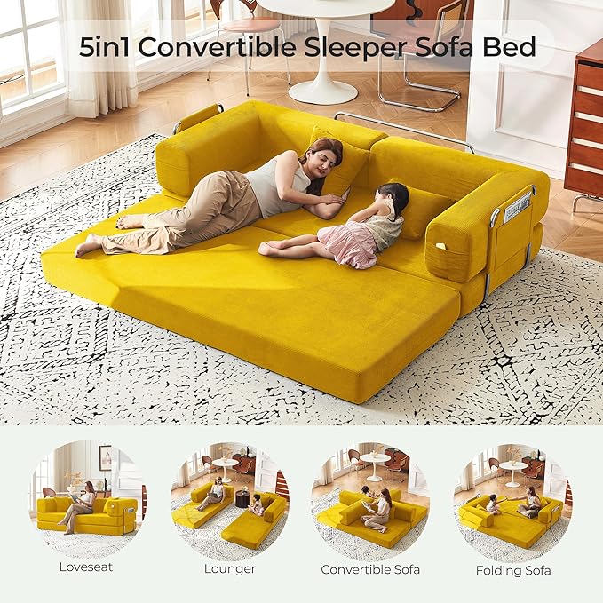 79 Convertible Sofa Bed with Pillows Corduroy Folding Sleeper Sofa with Fixed-Shape Frame Boneless Couch for Living Room Bedroom Floor Sofa Lounge No Assembly Required (A Style-Yellow)