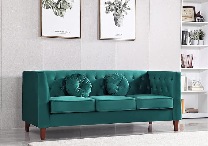 Kittleson Classic Chesterfield Velvet Sofa with Elegant Button Tufted Backrest Square Legs High-Density Foam &amp Accent Pillows 3 Seater Couch for Living Room Sofa Green