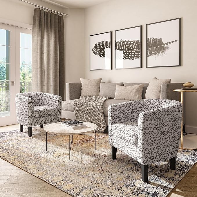 BELLEZE Accent Barrel Chair Linen Round Chair Club Tub Sofa Corner Chair with Flared Legs and Cozy Soft Padding for Living Room Bedroom Waiting Room - White &amp Brown