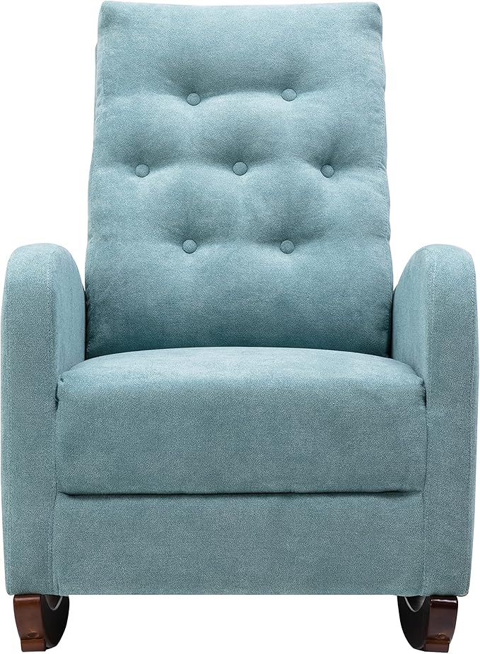 Cozy Linen Reclining Rocking Chair with Side Storage Pocket Comfortable Button Tufted Rocker Elegant and Functional Rocking Recliner Chair Ideal for Living Room &amp Nursery Mint Green