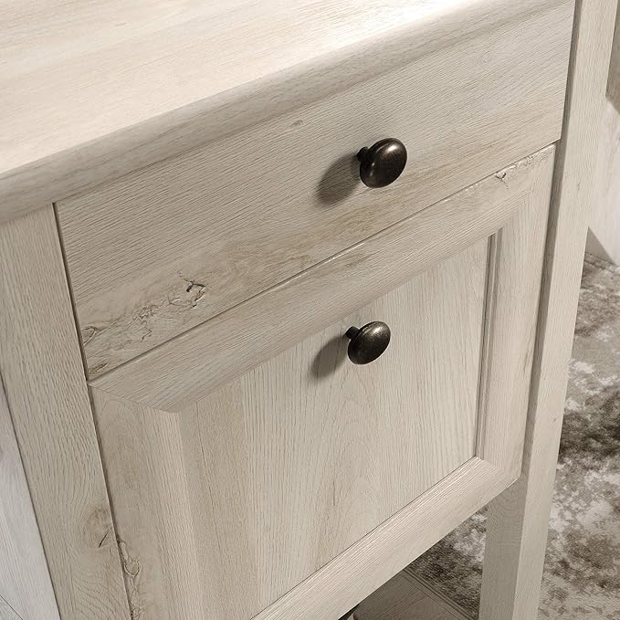 Sauder Edge Water L-Shaped Corner Desk with Storage Drawers and Open Shelf in Chalked Chestnut