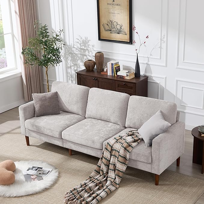 Kingfun 3 Seater Sofa with Loveseat and Chair Chenille Couch Mid Century Modern Couches with Solid Wood Legs for Living Room &amp Bedroom Grey