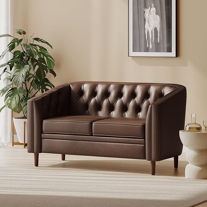 Dark Brown Loveseat Sofa PU Leather Tub Chair with Button-Tufted Stitch Contemporary Two-Seater Couch with Birch Wood Legs for Living Room