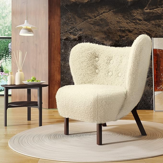 Modern Accent Chair Lambskin Wingback Tufted Side Chair with Solid Wood Legs for Living Room BedroomCream