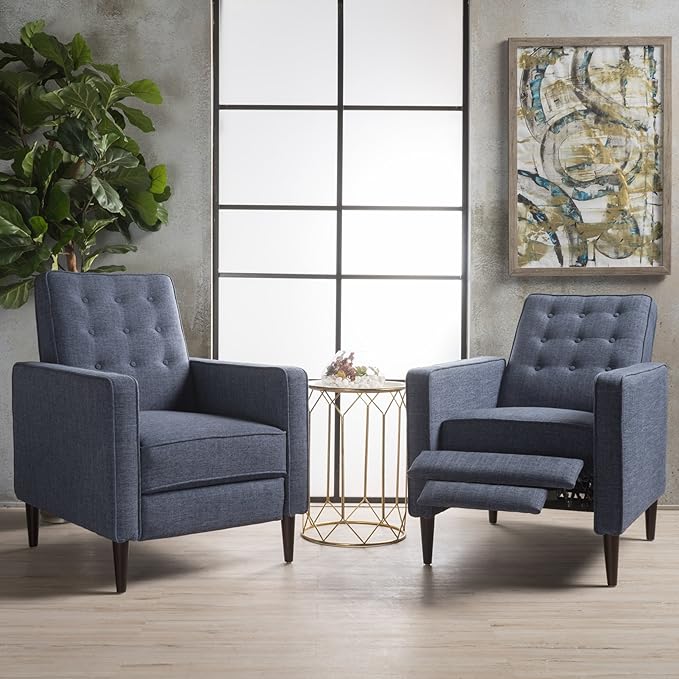 Christopher Knight Home Mervynn Mid-Century Modern Fabric Recliners 2-Pcs Set Dark Blue