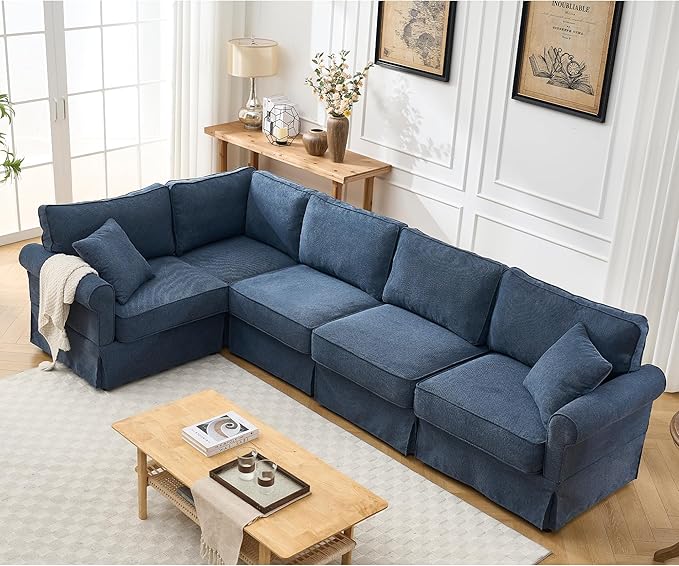 Modular Sectional Sofa SetConvertible L Shaped Couch5 SeatReversible Sectional Sofa CouchUpholsteredCorner SofaRolled ArmsSoft Linen Fabric (Blue)