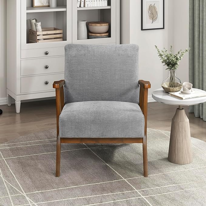 Lexicon Mid-Century Modern Accent Chair Woven Chenille Fabric Lounge Chair Chestnut Solid Wood Frame Wide Arm Rest and Cushioned Comfort for Living Room/Office/Bedroom/Reading Nook Gray