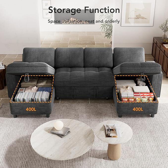 Vipbear 105 Chenille Sectional Sleeper Sofa Bed with Pull Out Bed U Shaped Couch Sleeper Sofa Bed Pull Out Couch with Reclining Backrest Double Storage Chaise USB Ports Tool-Free Assembly Grey