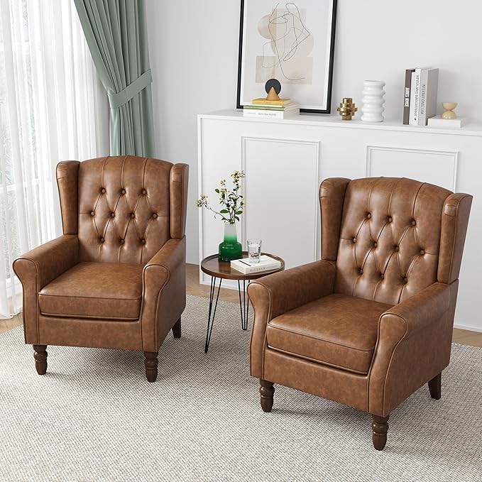 High Back Accent Chair Faux Leather High Wingback Chair for Living Room Button-Tufted Upholstered Armchair with Solid Wood Legs Comfy Single Sofa Reading Chair for Bedroom Brown
