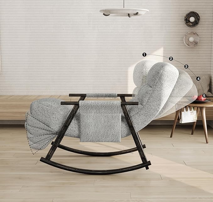 Adjustable Rocking Chair Foldable Lounge Chair with Footrest Teddy Fabric Upholstered Rocking Chair 5 Recline Positions for Living Room Bedroom