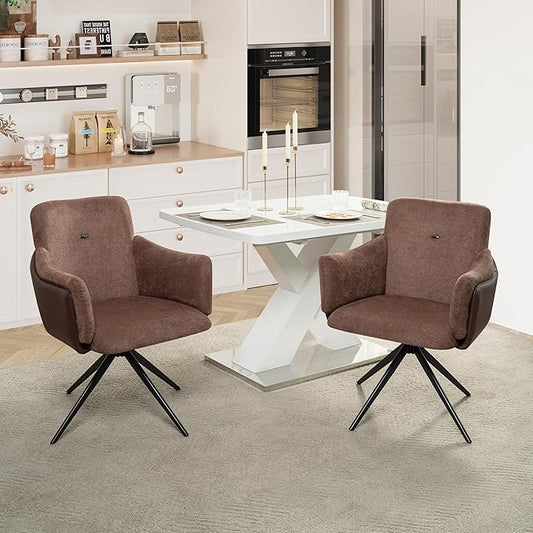 KEIKI 360° Swivel Home Office Desk Chairs Set of 2Modern Dining Chairs with Arm Upholstered Bedroom Chairs with Metal BaseMakeup Chair for Vanity Living Room Bedroom Dark Brown
