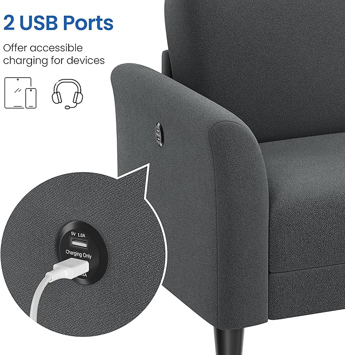 Yaheetech 67 W Fabric Sofa Couch 2 Seater Loveseat Sofa with USB Charging Ports Upholstered Sofa Living Room Office Bedroom Dark Gray
