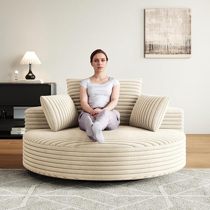 TTK 55” Oversized Corduroy Swivel Chair Fluffy 360° Rotating Sleeper Armchair with Pillows &amp Headrest Full Foam Barrel Chair for Living Room Bedroom Reading Nook Lounge or Apartment Beige