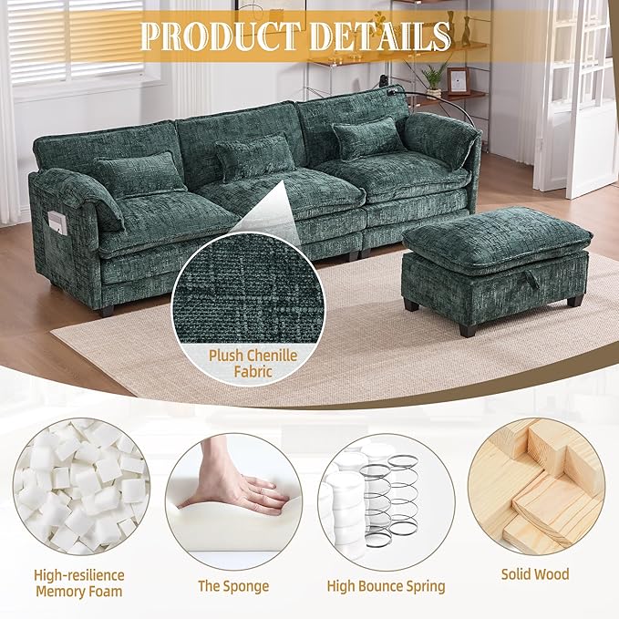 KEIKI 110 L-Shaped Boucle Modular Sectional Chenille Sofa with 1 Ottoman &amp Memory Foam Cushion &amp Phone Holder &amp USB Upholstered Oversized 4-Seater Couch Easy Assembly for Living Room