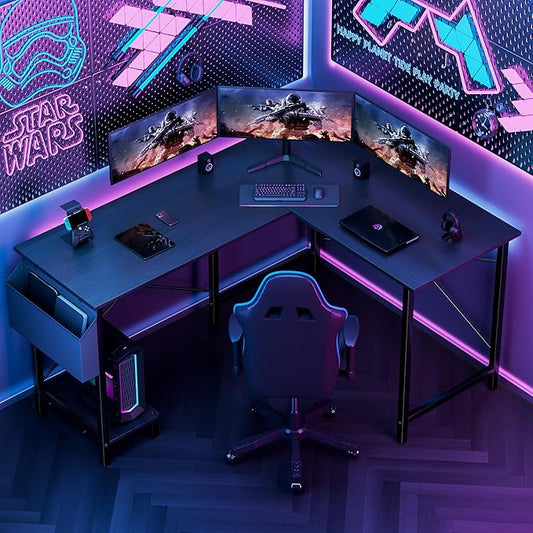 YSSOA 50 L Shaped Gaming Desk with Reversible Corner - Home Office Computer Desk with Wood Top Metal Frame CPU Stand &amp Storage Bag for Small Space Gaming Room Black