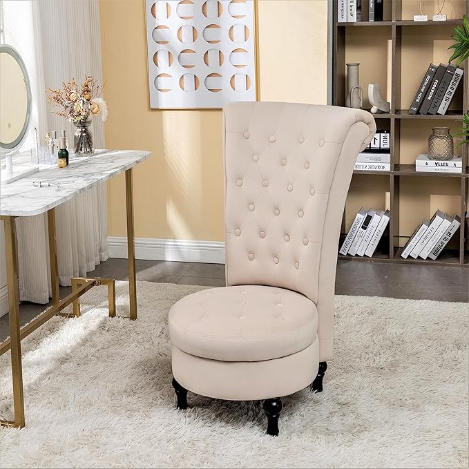 Royal High-Back Velvet Accent Chair for Vanity with Storage and Luxurious Upholstery Retro Design and Versatile Usage for Living Room Bedroom Lounge and Office Ivory