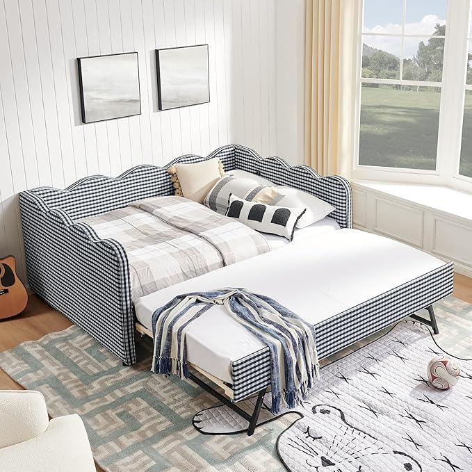 Cozy Gingham Daybed with Trundle Twin Size Sofa Bed No Box Spring Needed with USB Port and Adorable Wave Shaped Linen Fabric Navy (Full+Navy)