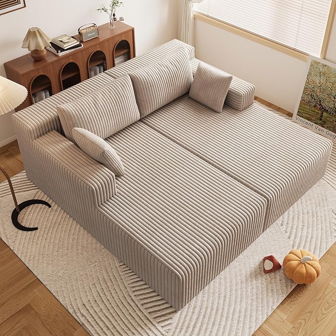 71Oversized Chaise Lounge ChairSectional Double Lounge Chaise with Pillows Upholstered Corduroy Boneless Lounge Chair Fluffy Modern Loveseat Sleeper Sofa for Living Room or Bedroom(Camel)