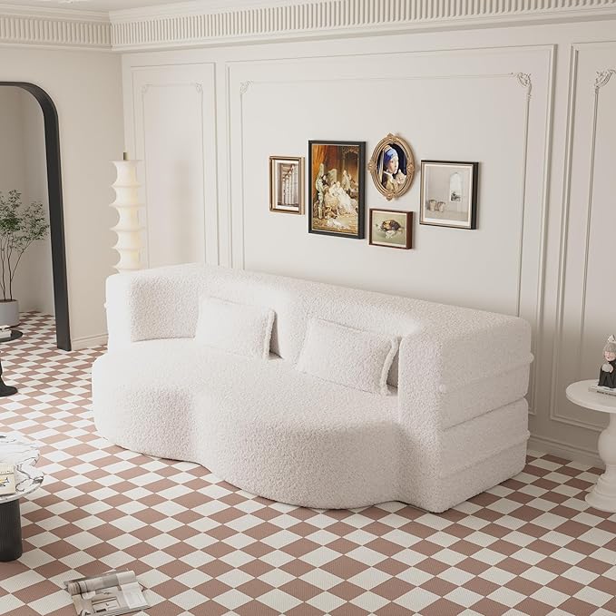 Modern Floor Sofa 78 Convertible Folding Sofa Bed with 2 Pillow Teddy Fabric Foam-Filled Mattress Sleeper for Living Room Guest Bed Playroom No Assembly Required Beige