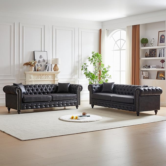 KEIKI Chesterfield Sofa Retro Style Upholstered 3+3 Seats Tech Fabric Couch with Rolled Arm for Living Room Bedroom Office Black