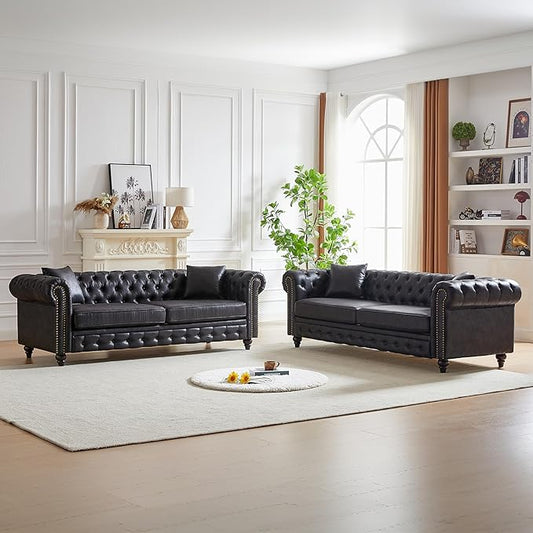 KEIKI Chesterfield Sofa Retro Style Upholstered 3+3 Seats Tech Fabric Couch with Rolled Arm for Living Room Bedroom Office Black