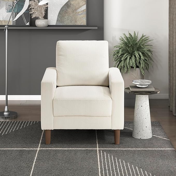 Lexicon Modern Accent Chair Corduroy Fabric Upholstered Armchair with Brown Legs Track Arms Single Sofa Chair for Living Room/Bedroom/Office/Waiting Room Beige