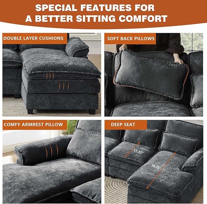 113 Oversized Cloud Couch U Shape Sectional 4 Seat Sofa with Double Chaises 2 Layer Cusions Deep Seat Comfy Sofa Upholstery Chenille Fabric for Living Room Dark Grey