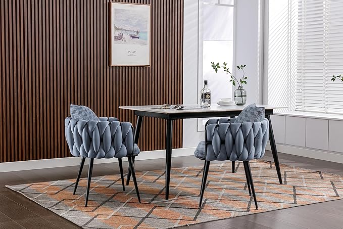 Generic Grey Modern Velvet Dining Chairs Set of 2 Hand Weaving Accent Chairs Living Room Chairs Upholstered Side Chair with Black Metal Legs for Dining Room Kitchen Vanity Living Room