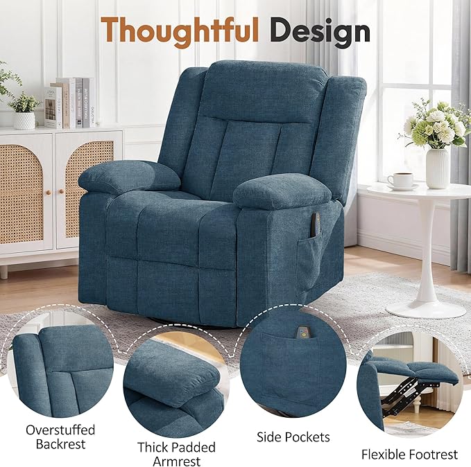Rocker Recliner Chair for Adults 360° Swivel Rocker Recliner with Massage and Heating Nursery Rocking Chairs with Side Pockets Manual Reclining Chair for Living Room Bedroom or Nursery