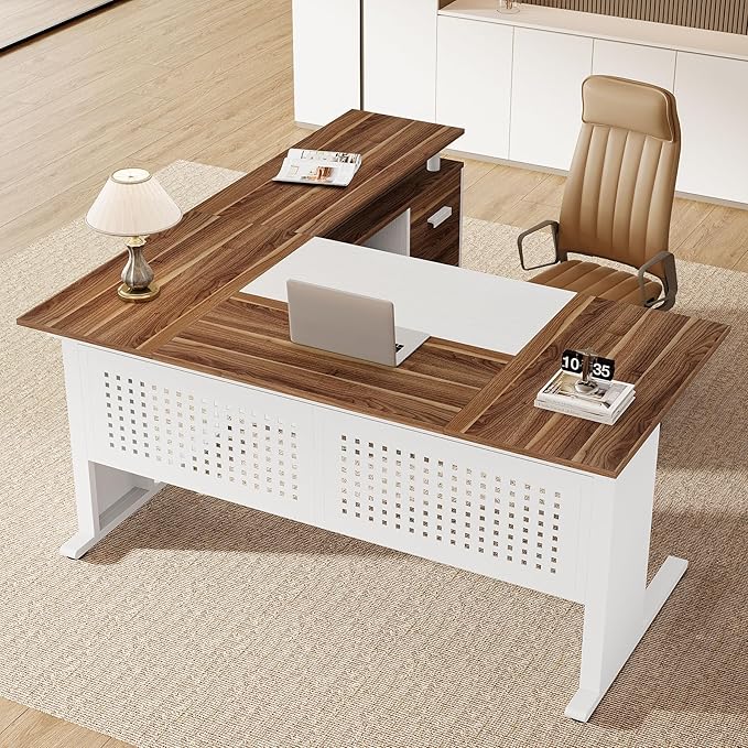Tribesigns 63-Inch L-Shaped Executive Desk with Storage Shelves Large Office Computer Desk with Drawers and File Cabinet Industrial Business Workstation for Home Office Walnut and White
