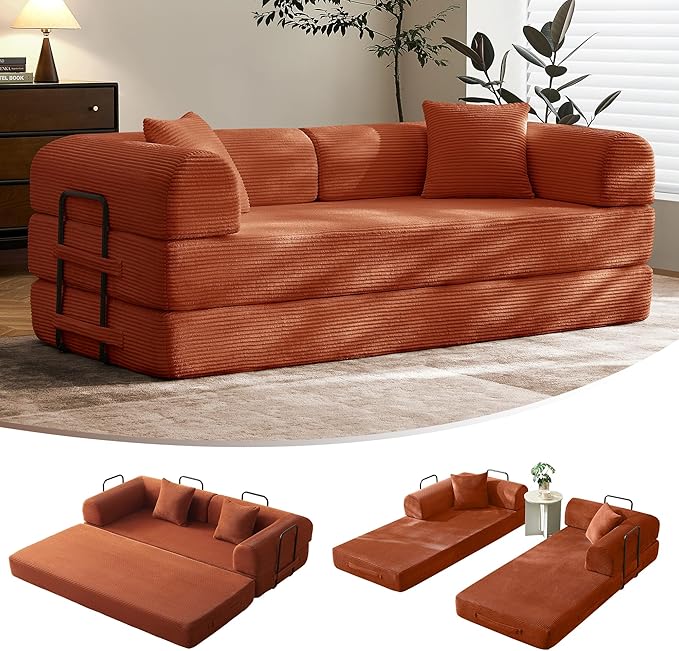 79 Convertible Sofa Bed with Fixed-Shape Frame &amp Removable Armrests Modular Corduroy Sleeper Sofa Folding Mattress Couch for Small Spaces - No Assembly Needed in Orange (Includes 2 Pillows)