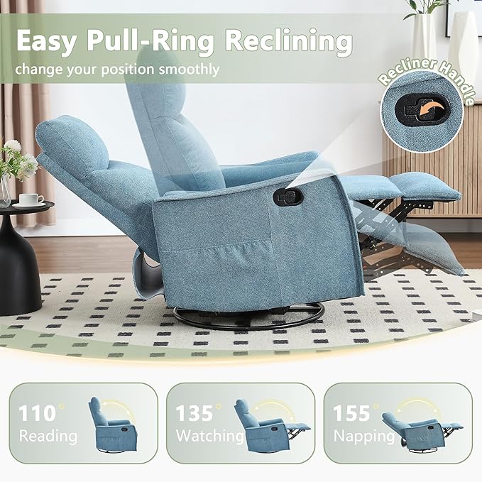 cinkehome Swivel Rocker Recliner Chair with Heated Massage Rocking Reclining Chairs for Nursery Small Spaces High Back Side Pocket