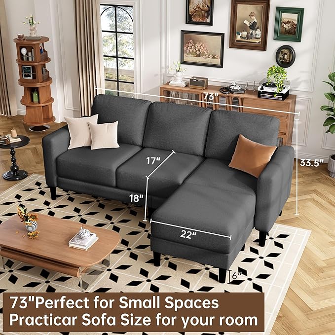 ZeeFu 73 Sectional Sofa Couch for Living Room L Shaped Couch with Extra Thick Deep Seat Cushions 3 Seater Convertible Sofa with Movable Ottoman for Small Apartment 650lbs Heavy Duty (Dark Grey)
