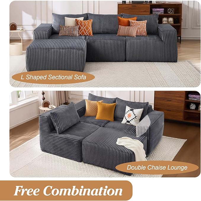 101 Cloud Sectional Couch Memory Foam Comfy Modular Sectional Sofa with Ottoman Corduroy Boneless Couches with Deep Seat L-Shaped Sofa for Living Room No Assembly Required (Dark Gray) | Deep Seat