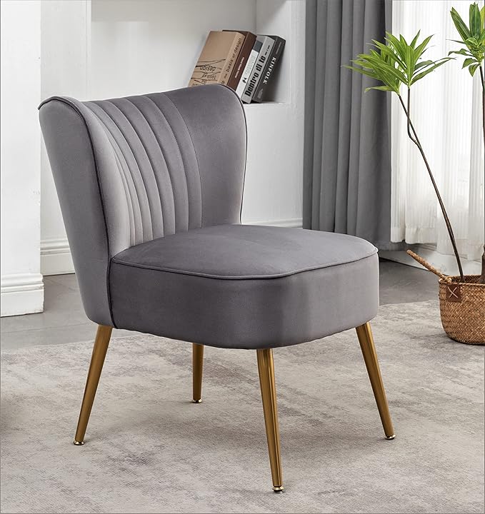 Modern Velvet Accent Chair for Living Room Bedroom or Entryway Stylish and Comfortable Armless Design with Metal Legs Grey