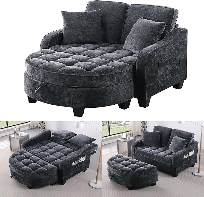 ERYE Chenille Tufted Loveseat Sofa and Ottoman Set Tufted Recliner Sleeper Chaise Lounge with Curved Storage OttomanReclining Backrest and Side Pockets 4 Pillows