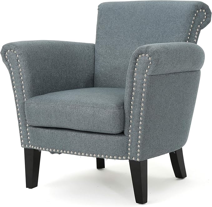 Christopher Knight Home Brice Vintage Scroll Arm Studded Fabric Club Chair Steel Blue / Dark Brown