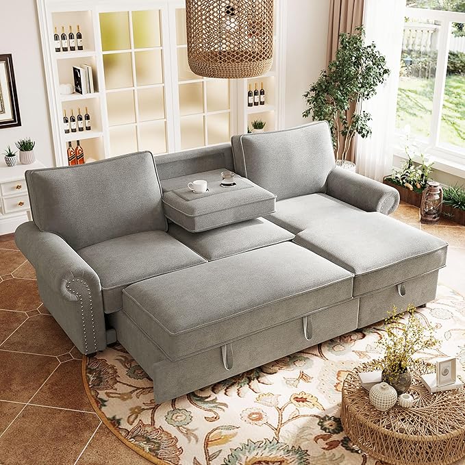 95 Convertible Sectional Sleeper Sofa with Storage Chaise Pull-Down Backrest with 2 Cup Holders Arc Armrests with Nailhead Trim Warp Knitting Polyester Fabric Acacia Wood Frame (Grey-09)