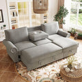 95 Convertible Sectional Sleeper Sofa with Storage Chaise Pull-Down Backrest with 2 Cup Holders Arc Armrests with Nailhead Trim Warp Knitting Polyester Fabric Acacia Wood Frame (Grey-09)