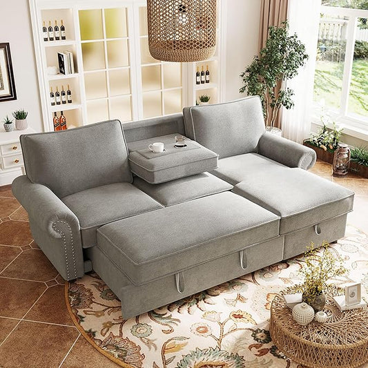 95 Convertible Sectional Sleeper Sofa with Storage Chaise Pull-Down Backrest with 2 Cup Holders Arc Armrests with Nailhead Trim Warp Knitting Polyester Fabric Acacia Wood Frame (Grey-09)