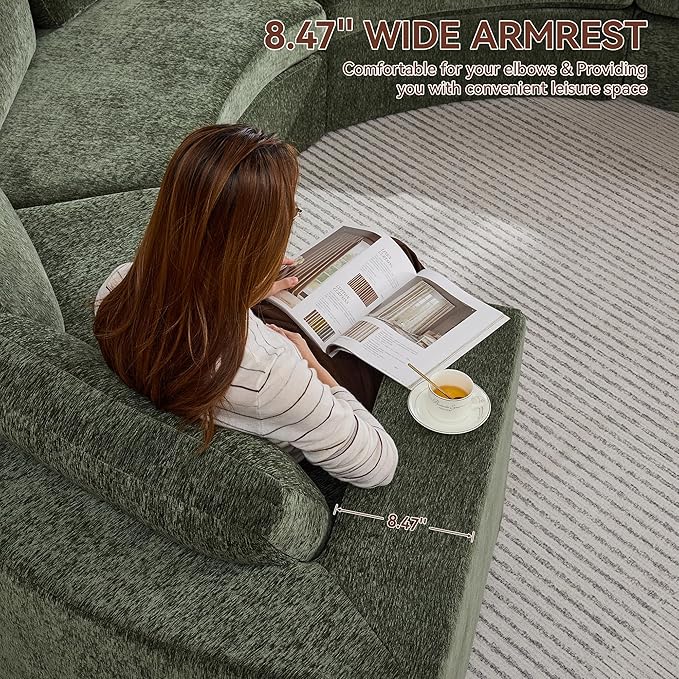 139'' Curved Round Boneless Couch Oversized Cloud Sofa with Deep Seat &amp Arms Chenille Modular Sectional Sofa with Pillows Upholstered Comfy 6 Seat Couch for Living Room Green