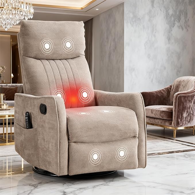 Khaki 360° Swivel Rocker Recliner Chair Massage Reclining Chair with 8-Point Vibration &amp Lumbar Heat for Adults Elderly 155° Recline Easy Assembly for Living Room