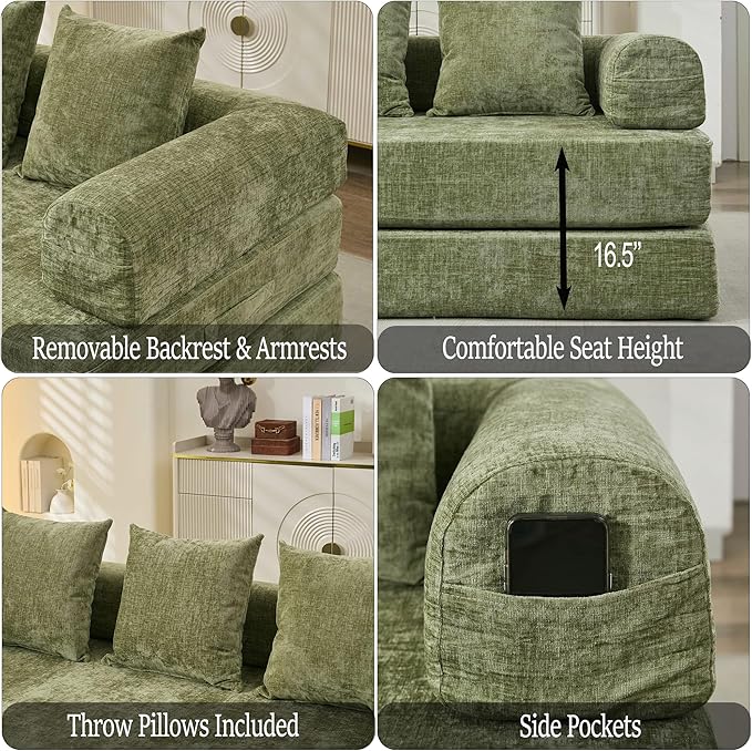 Convertible Folding Sofa Bed Modular Floor Couch 78.8‘’ Cloud Sleeper Sofa with Removable Backrest Chenille Foldable Mattress Couch Lazy Loveseat for Small Space Apartment Bedroom Green