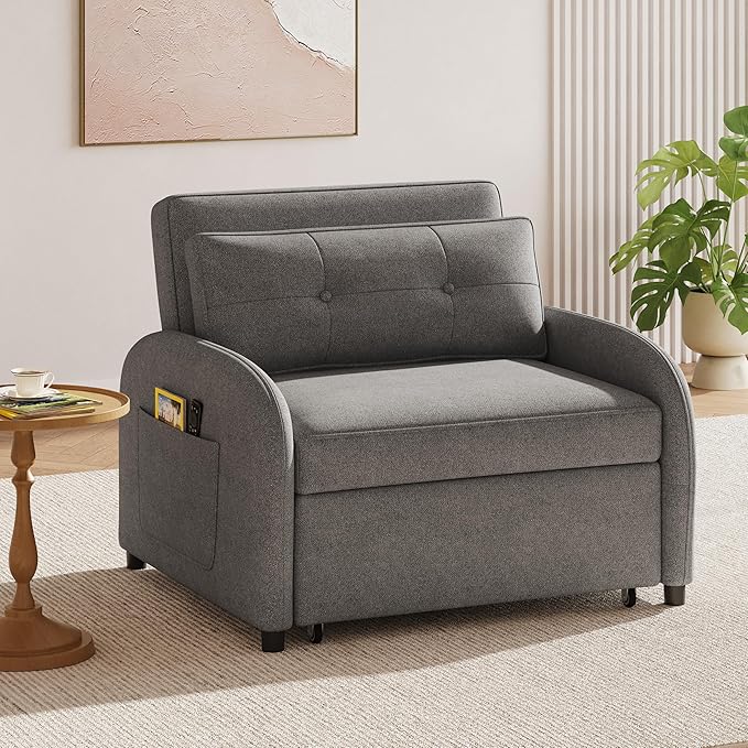 3-in-1 Convertible Sleeper Sofa Bed with Pillow &amp Pocket Loveseat Sleeper Chair in Soft Cotton Linen for Living Room Bedroom Study Apartment Grey