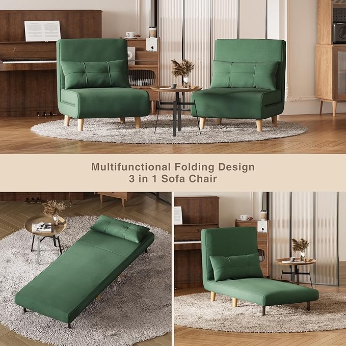 Aiho 3-in-1 Convertible Sleeper Chair BedFuton Chair with 6-Level Adjustable Backrest for Apartment Bedroom OfficeGreen