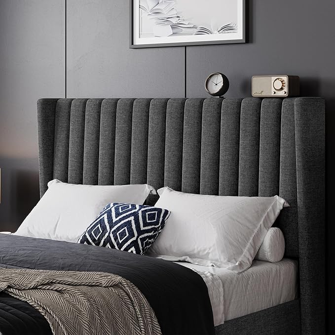 Yaheetech Full Bed Frame Upholstered Platform Bed with Fabric Headboard Wing Edge Design/Non-Slip and Noise-Free/Wooden Slats Support/No Box Spring Needed/Easy Assembly Dark Gray Full Bed