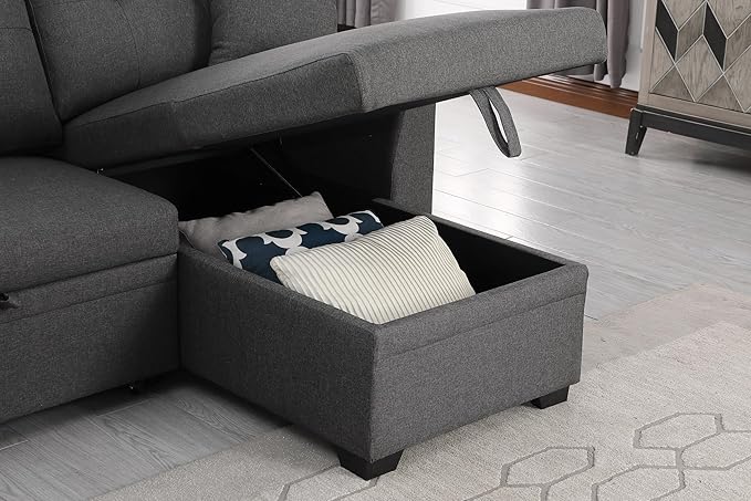 83 L-Shaped Sleeper Sectional Sofa with Storage Chaise &amp Cup Holders – Pull-Out Convertible Bed 3-in-1 Space-Saving Design for Apartments Modern Linen Fabric Easy Assembly