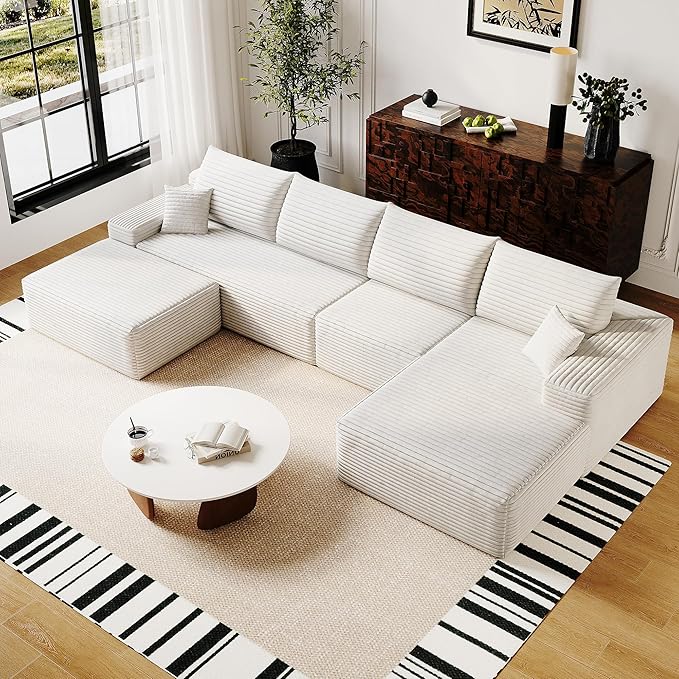 135 Corduroy Boneless Sectional Couch with Chaise &amp Ottoman No Assembly Required U Shaped Modular Sectional Sofa Boneless Couches for Living Room (White 4 Seater+Right Facing Chaise+Ottoman)